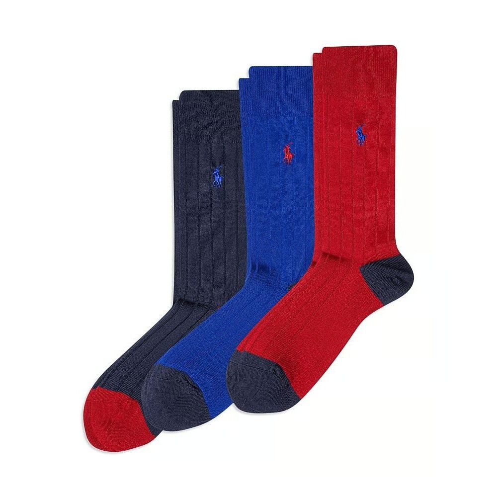 POLO RALPH LAUREN Crew Dress Socks Mens Red Blue 3-Pack Ribbed Knit Pony Logo